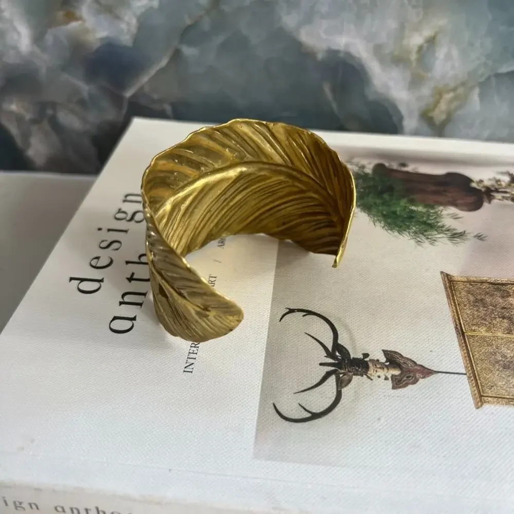 Women's Brass Leaf Cuff Bracelet Adjustable Signed by Joan